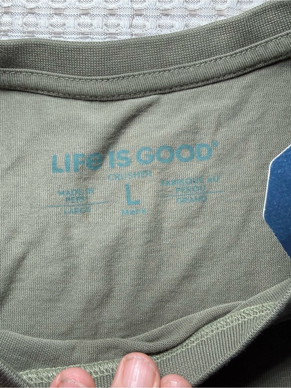 New Life Is Good Crusher Tee Mens Size Large Cotton Green “Just Add Coffee” - Picture 4 of 9